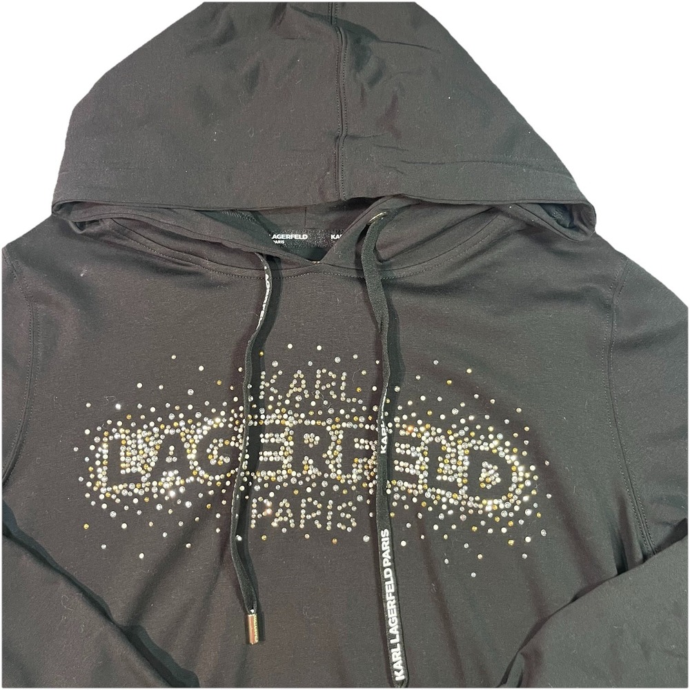Karl Lagerfeld Paris Women's‎ Black Hoodie Rhinestones Bedazzled Logo Size S EUC
